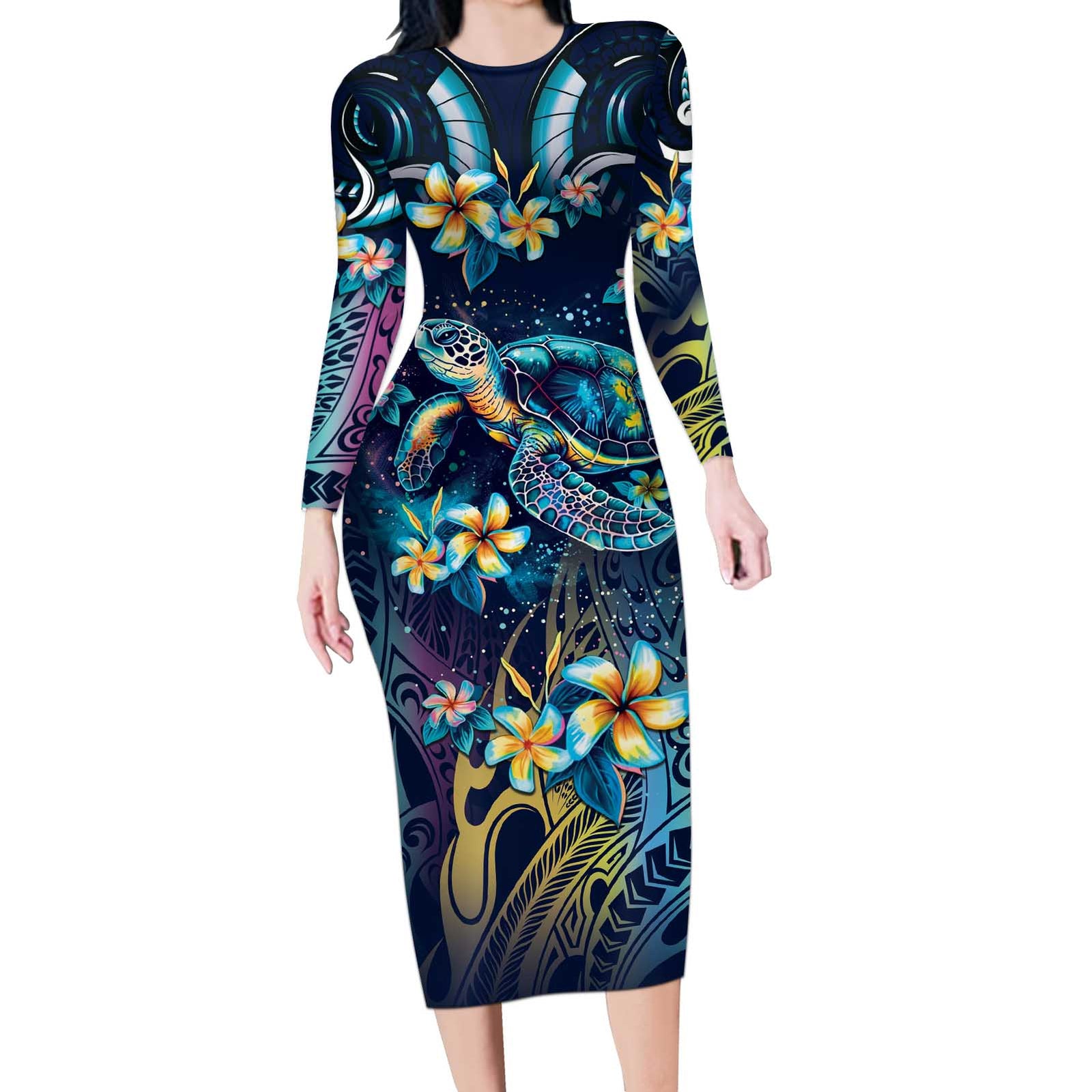 Plumeria Turtles Traditional Tribal Long Sleeve Bodycon Dress LT9 Long Dress Black - Polynesian Pride