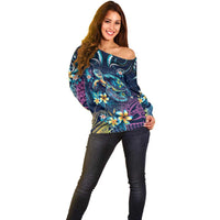Plumeria Turtles Traditional Tribal Off Shoulder Sweater