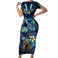 Plumeria Turtles Traditional Tribal Short Sleeve Bodycon Dress LT9 Long Dress Black - Polynesian Pride