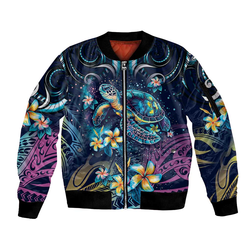 Plumeria Turtles Traditional Tribal Sleeve Zip Bomber Jacket LT9 Unisex Black - Polynesian Pride