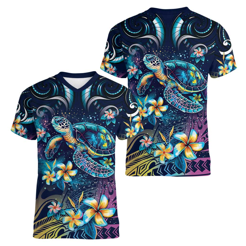Plumeria Turtles Traditional Tribal Women V-Neck T-Shirt