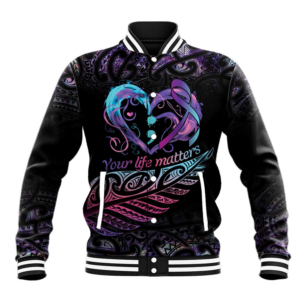 Personalised Your Life Matters Baseball Jacket Suicide Prevention Awareness Semicolon Heart LT9 Unisex Black - Polynesian Pride