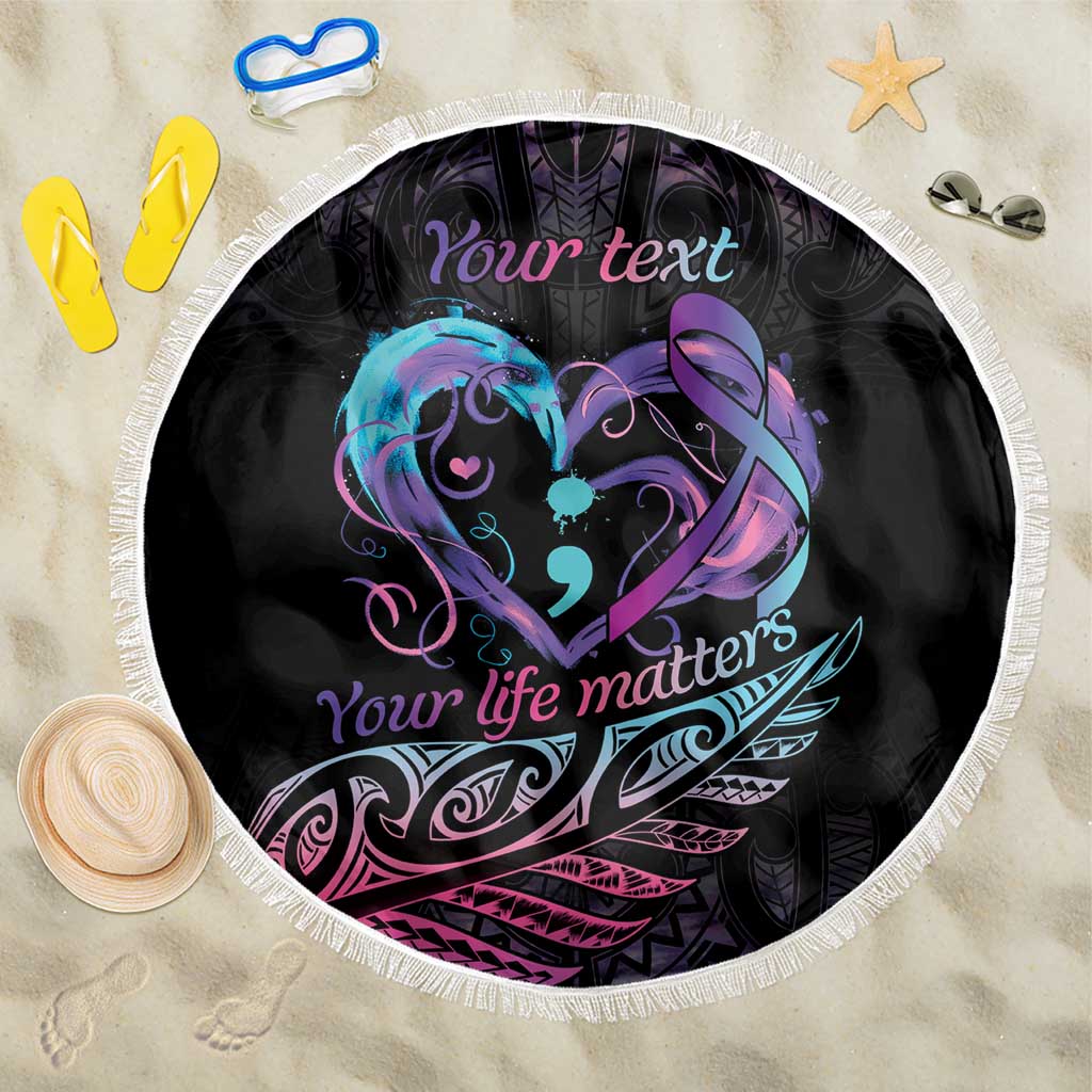 Personalised Your Life Matters Beach Blanket Suicide Prevention Awareness Semicolon Heart LT9 One Size 150cm Black - Polynesian Pride