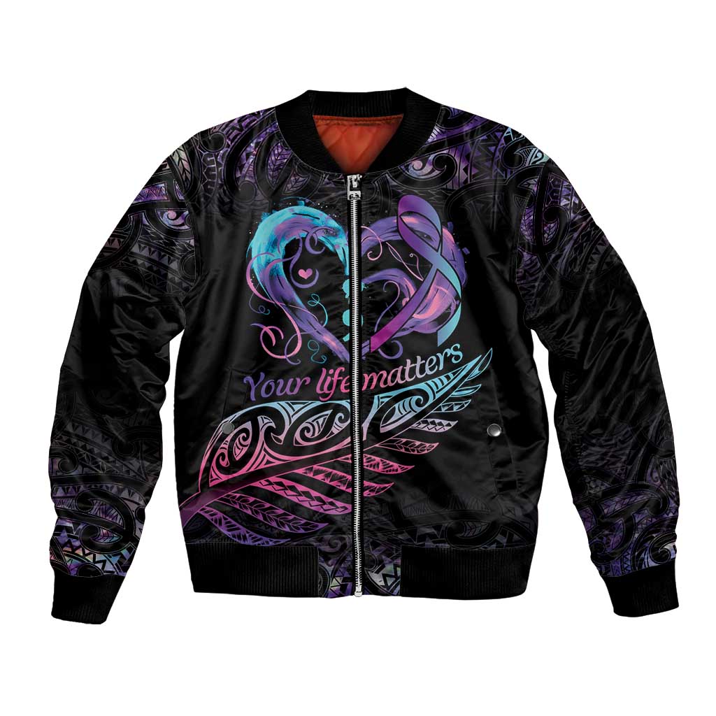 Personalised Your Life Matters Bomber Jacket Suicide Prevention Awareness Semicolon Heart LT9 Unisex Black - Polynesian Pride