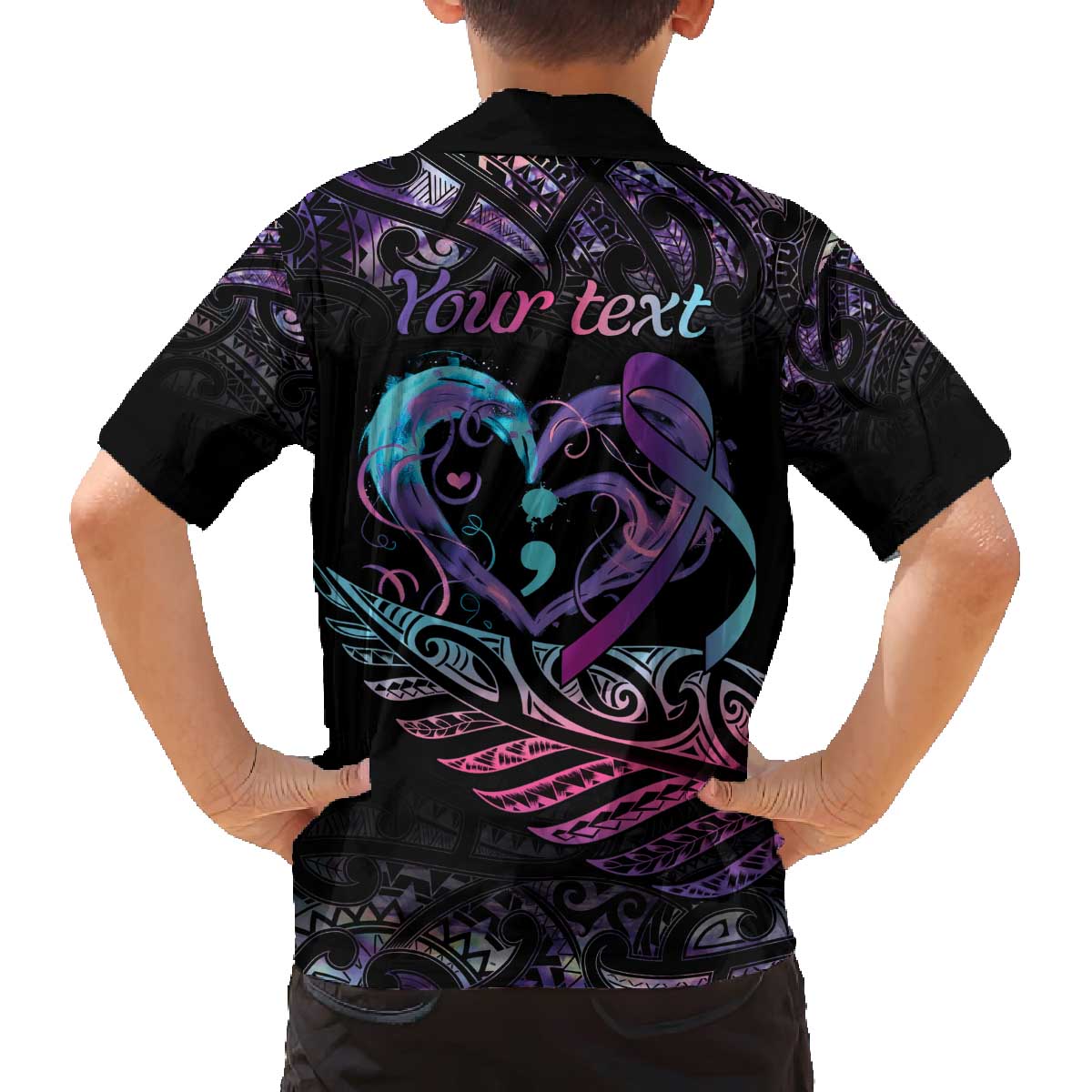 Personalised Your Life Matters Family Matching Off The Shoulder Long Sleeve Dress and Hawaiian Shirt Suicide Prevention Awareness Semicolon Heart LT9 - Polynesian Pride