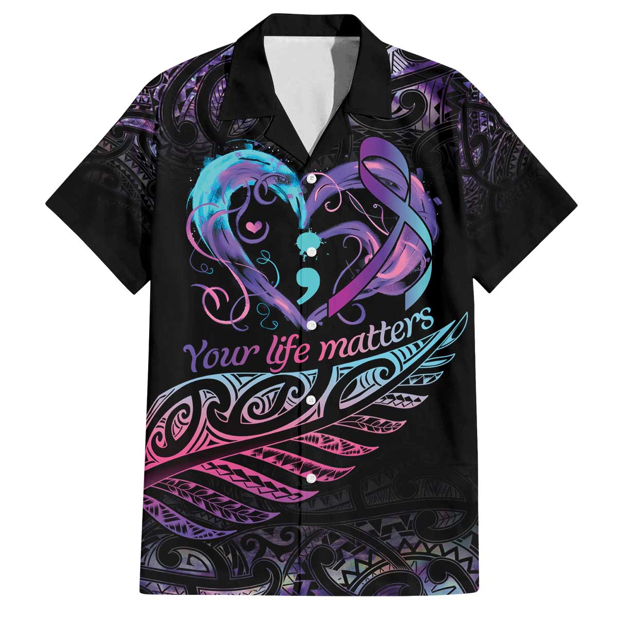 Personalised Your Life Matters Family Matching Off The Shoulder Long Sleeve Dress and Hawaiian Shirt Suicide Prevention Awareness Semicolon Heart LT9 Dad's Shirt - Short Sleeve Black - Polynesian Pride