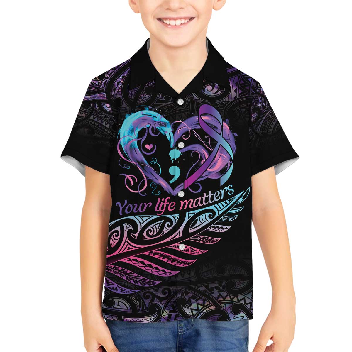 Personalised Your Life Matters Family Matching Puletasi and Hawaiian Shirt Suicide Prevention Awareness Semicolon Heart