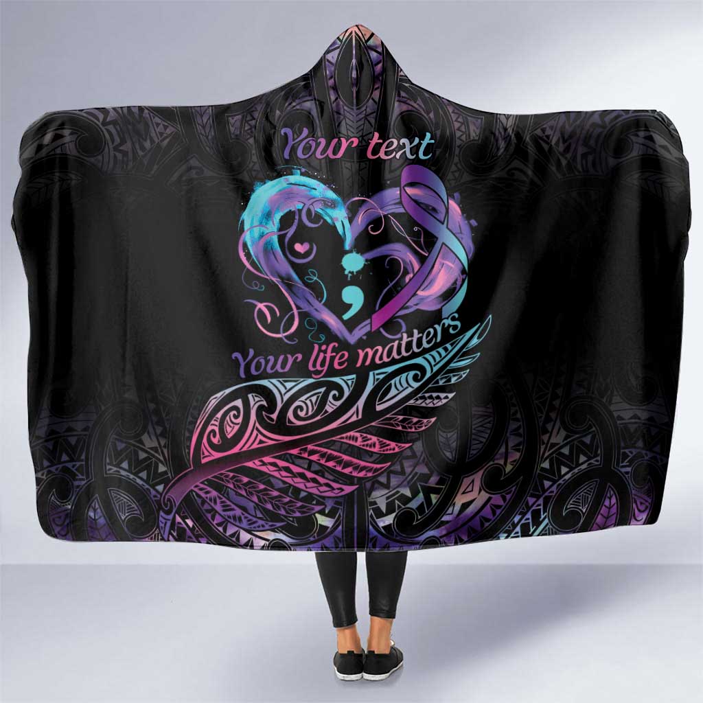 Personalised Your Life Matters Hooded Blanket Suicide Prevention Awareness Semicolon Heart LT9 One Size Black - Polynesian Pride