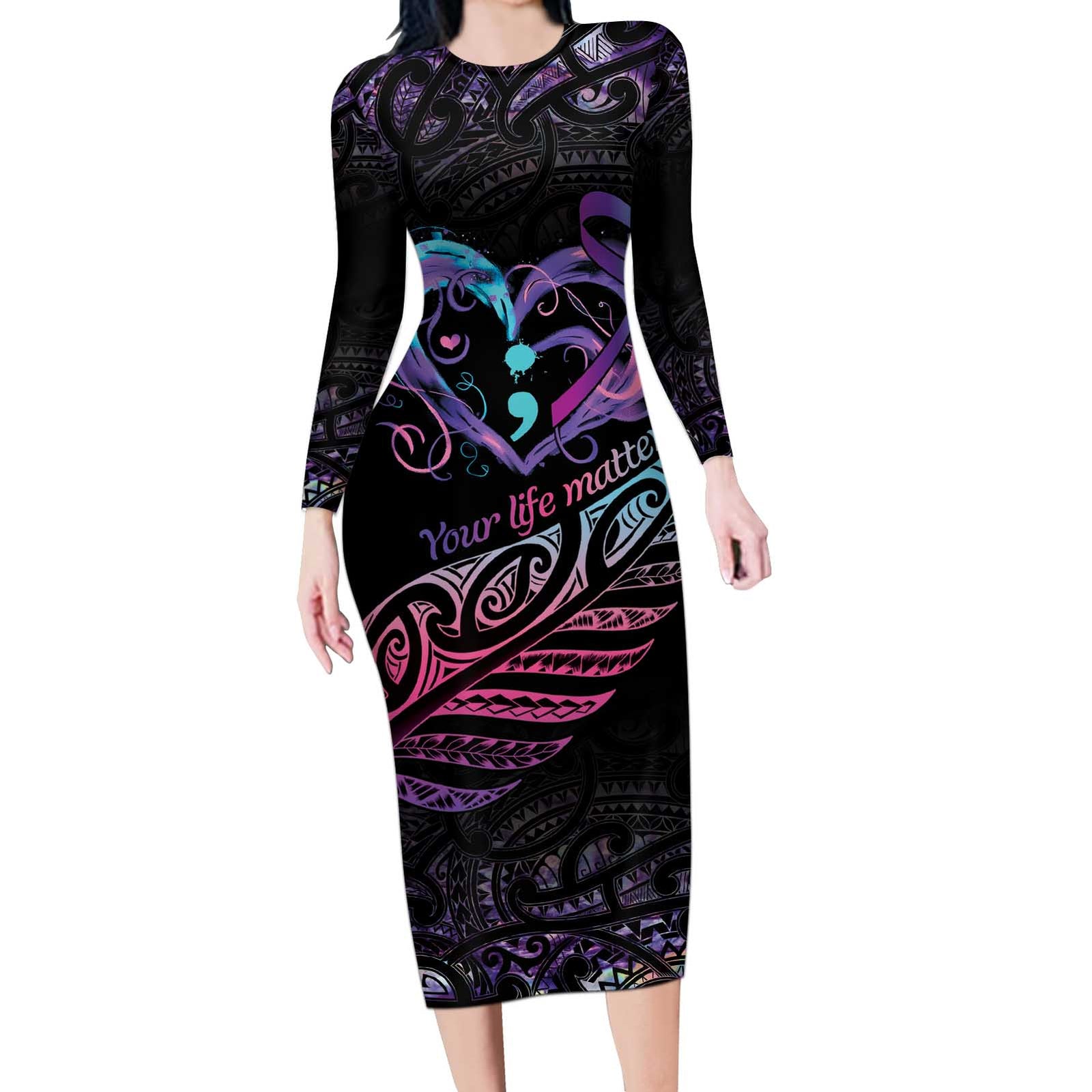 Personalised Your Life Matters Long Sleeve Bodycon Dress Suicide Prevention Awareness Semicolon Heart LT9 Long Dress Black - Polynesian Pride