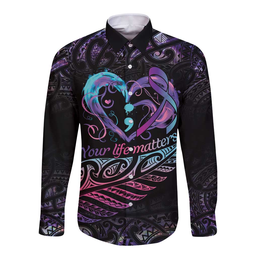 Personalised Your Life Matters Long Sleeve Button Shirt Suicide Prevention Awareness Semicolon Heart LT9 Unisex Black - Polynesian Pride