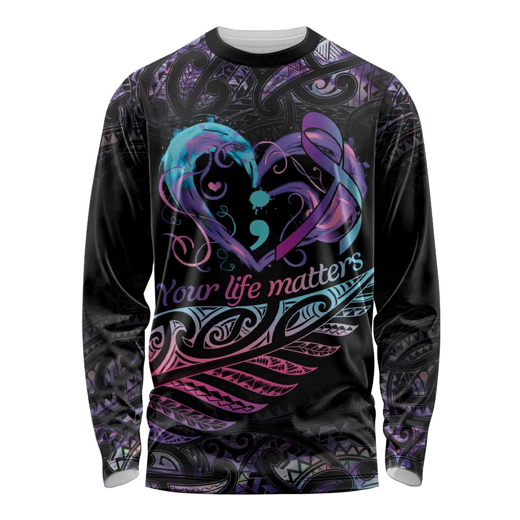 Personalised Your Life Matters Long Sleeve Shirt Suicide Prevention Awareness Semicolon Heart LT9 Unisex Black - Polynesian Pride