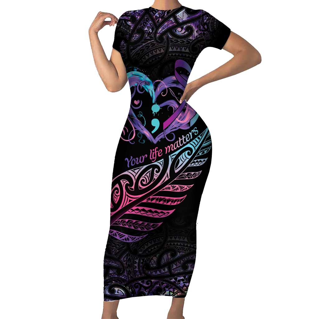 Personalised Your Life Matters Short Sleeve Bodycon Dress Suicide Prevention Awareness Semicolon Heart LT9 Long Dress Black - Polynesian Pride