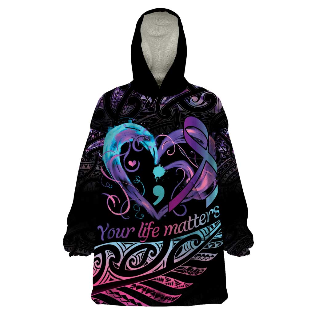 Personalised Your Life Matters Wearable Blanket Hoodie Suicide Prevention Awareness Semicolon Heart LT9 One Size Black - Polynesian Pride