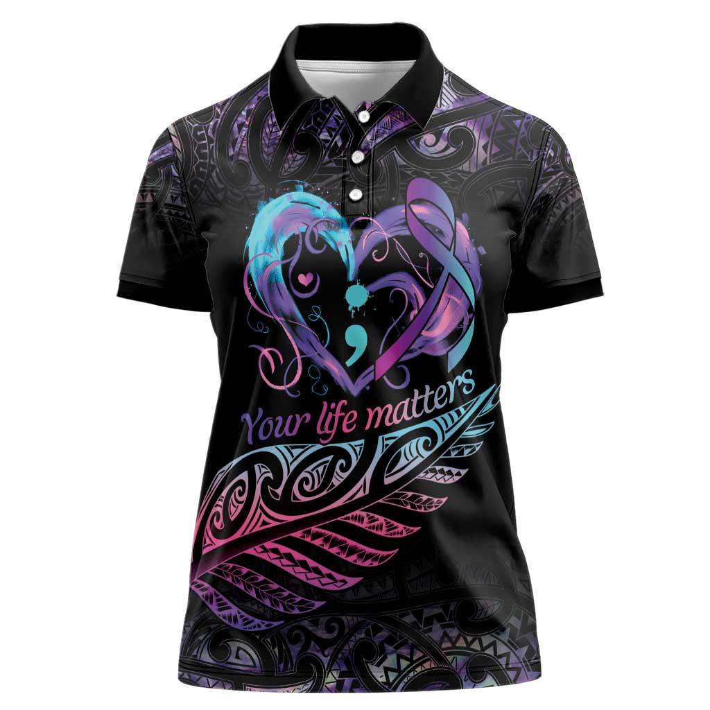 Personalised Your Life Matters Women Polo Shirt Suicide Prevention Awareness Semicolon Heart LT9 Female Black - Polynesian Pride