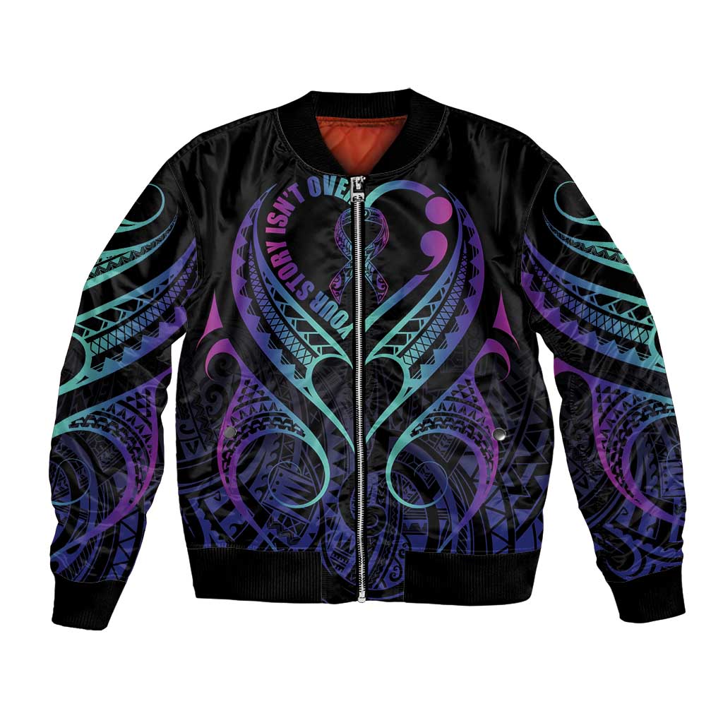 Personalised Your Story Isn't Over Bomber Jacket Suicide Prevention Awareness Semicolon Heart LT9 Unisex Black - Polynesian Pride