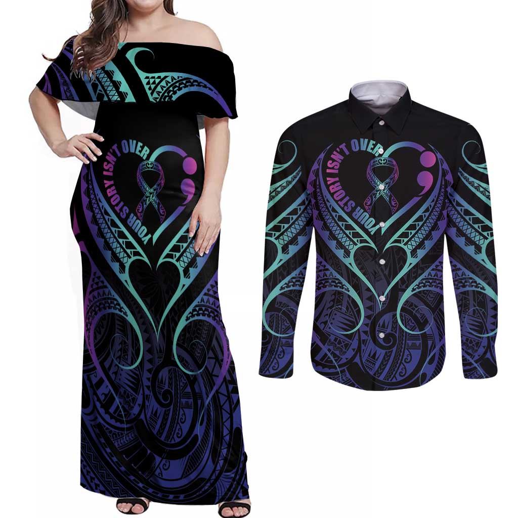 Personalised Your Story Isn't Over Couples Matching Off Shoulder Maxi Dress and Long Sleeve Button Shirt Suicide Prevention Awareness Semicolon Heart LT9 Black - Polynesian Pride