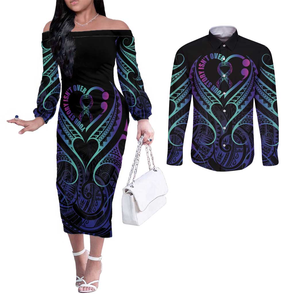 Personalised Your Story Isn't Over Couples Matching Off The Shoulder Long Sleeve Dress and Long Sleeve Button Shirt Suicide Prevention Awareness Semicolon Heart LT9 Black - Polynesian Pride
