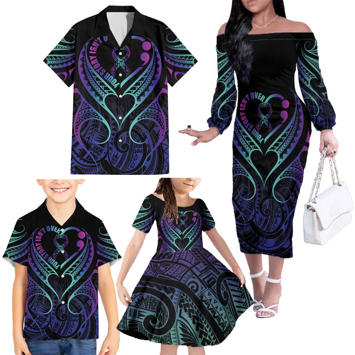 Personalised Your Story Isn't Over Family Matching Off The Shoulder Long Sleeve Dress and Hawaiian Shirt Suicide Prevention Awareness Semicolon Heart LT9 - Polynesian Pride