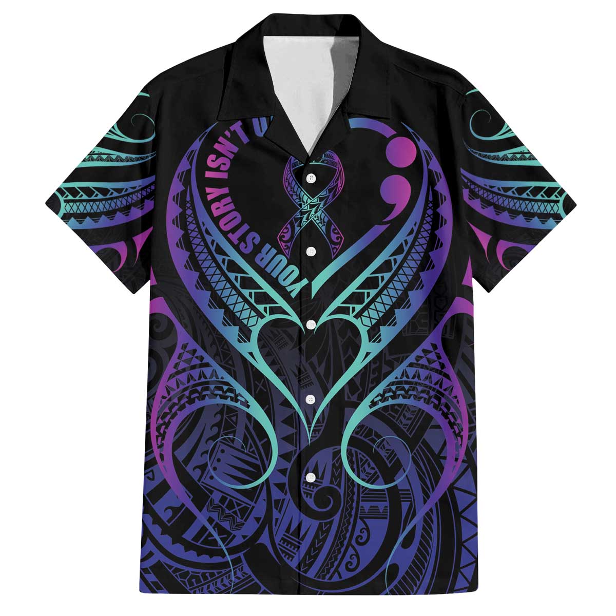 Personalised Your Story Isn't Over Family Matching Off The Shoulder Long Sleeve Dress and Hawaiian Shirt Suicide Prevention Awareness Semicolon Heart LT9 Dad's Shirt - Short Sleeve Black - Polynesian Pride