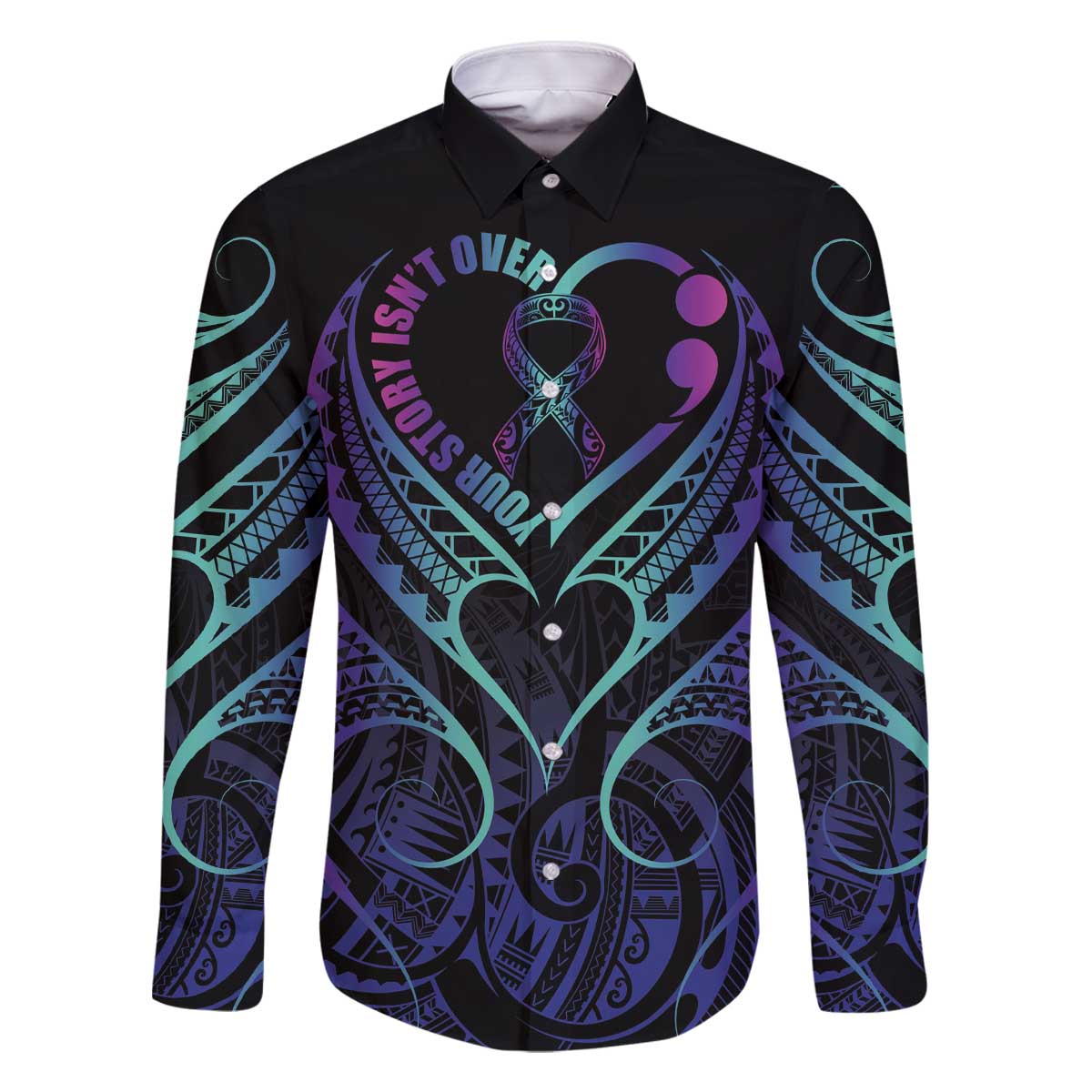 Personalised Your Story Isn't Over Family Matching Off The Shoulder Long Sleeve Dress and Hawaiian Shirt Suicide Prevention Awareness Semicolon Heart LT9 Dad's Shirt - Long Sleeve Black - Polynesian Pride