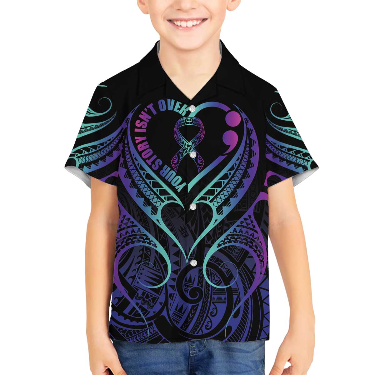 Personalised Your Story Isn't Over Family Matching Off The Shoulder Long Sleeve Dress and Hawaiian Shirt Suicide Prevention Awareness Semicolon Heart LT9 Son's Shirt Black - Polynesian Pride