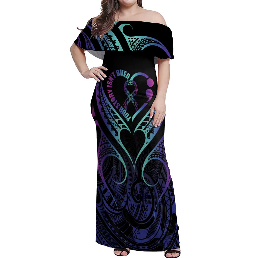 Personalised Your Story Isn't Over Off Shoulder Maxi Dress Suicide Prevention Awareness Semicolon Heart LT9 Women Black - Polynesian Pride