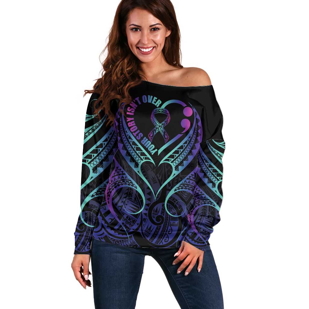 Personalised Your Story Isn't Over Off Shoulder Sweater Suicide Prevention Awareness Semicolon Heart LT9 Women Black - Polynesian Pride