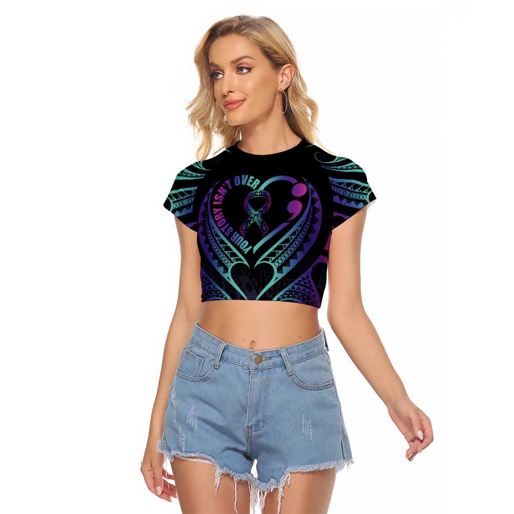 Personalised Your Story Isn't Over Raglan Cropped T Shirt Suicide Prevention Awareness Semicolon Heart LT9 Female Black - Polynesian Pride