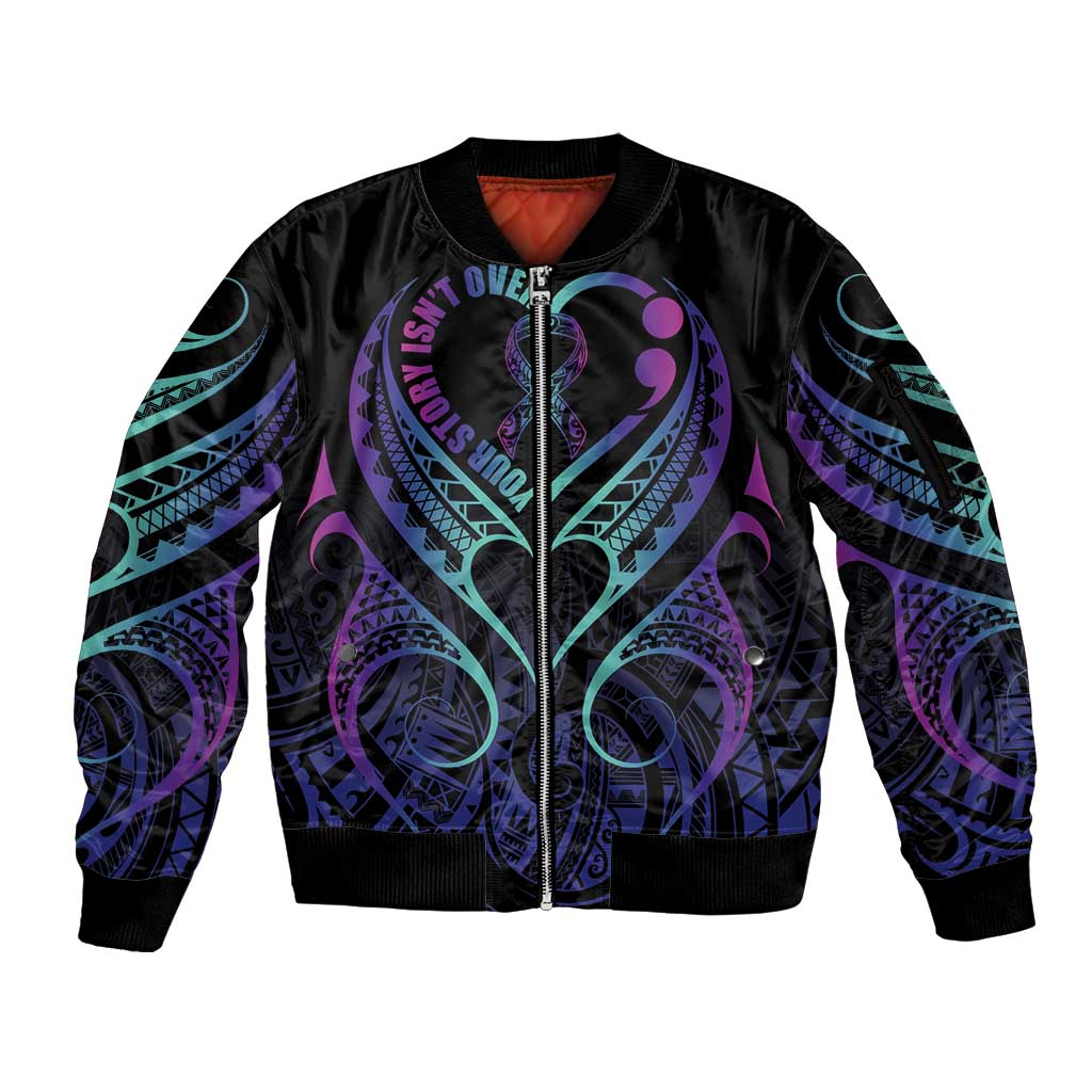 Personalised Your Story Isn't Over Sleeve Zip Bomber Jacket Suicide Prevention Awareness Semicolon Heart LT9 Unisex Black - Polynesian Pride