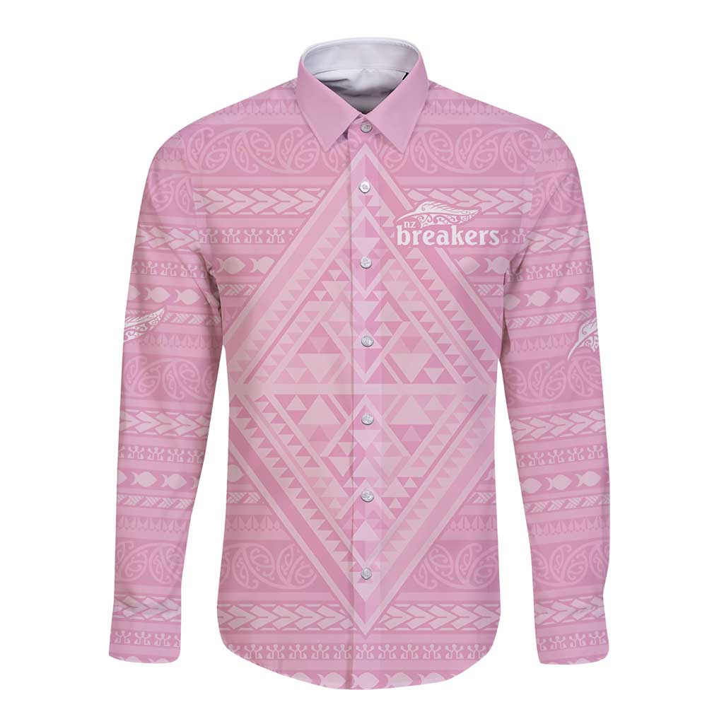Custom New Zealand Basketball Indigenous Long Sleeve Button Shirt LT9 Unisex Pink - Polynesian Pride