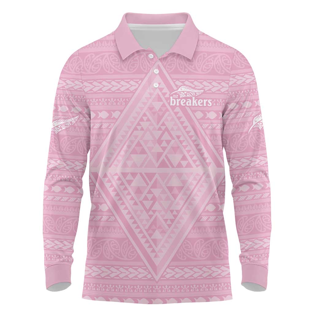 Custom New Zealand Basketball Indigenous Long Sleeve Polo Shirt LT9 Pink - Polynesian Pride