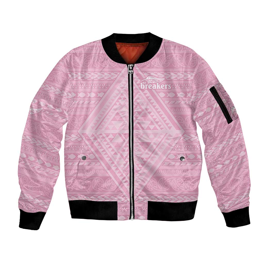 Custom New Zealand Basketball Indigenous Sleeve Zip Bomber Jacket LT9 Unisex Pink - Polynesian Pride