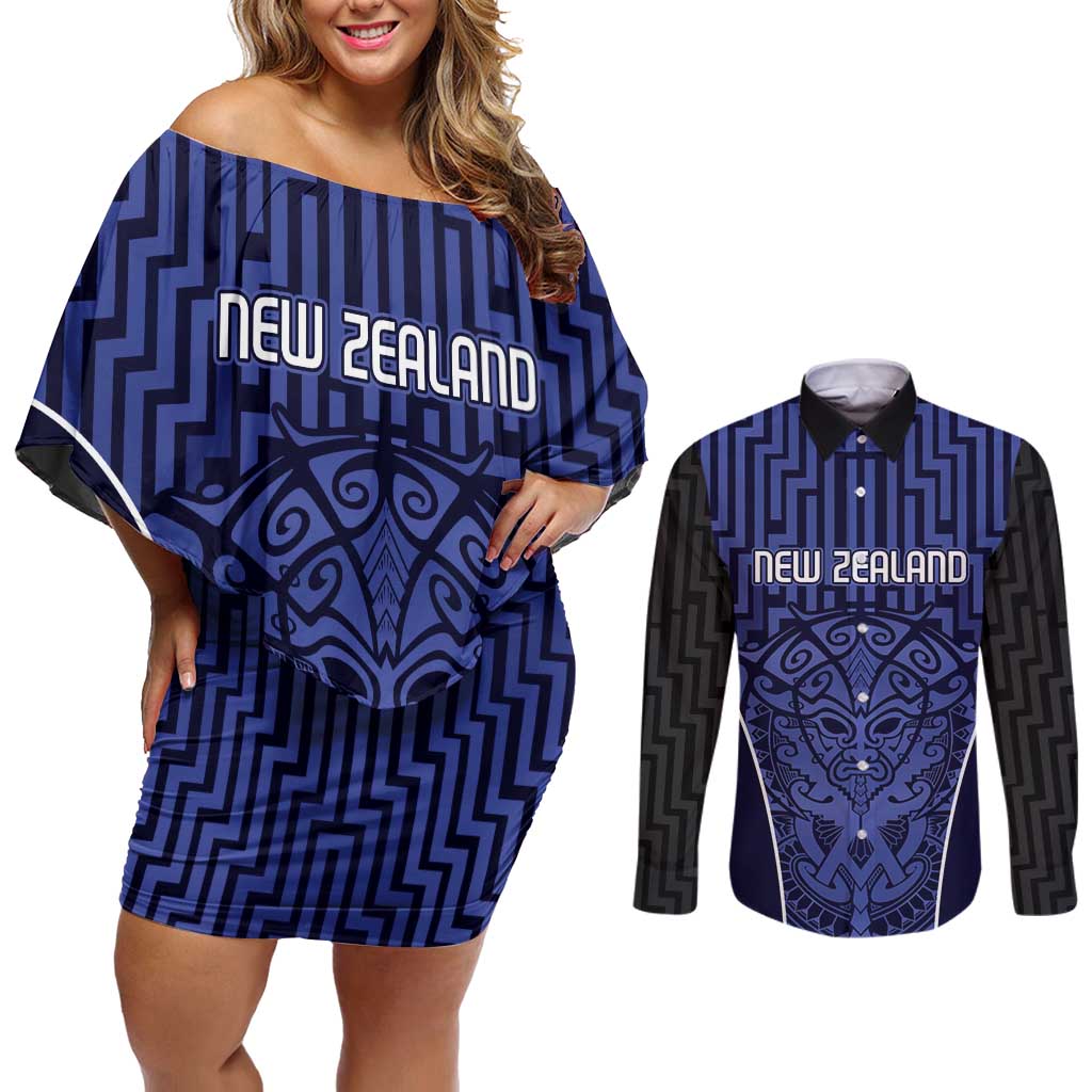Custom Basketball New Zealand Couples Matching Off Shoulder Short Dress and Long Sleeve Button Shirt Blue Maori Ta Moko Indigenous - Polynesian Pride