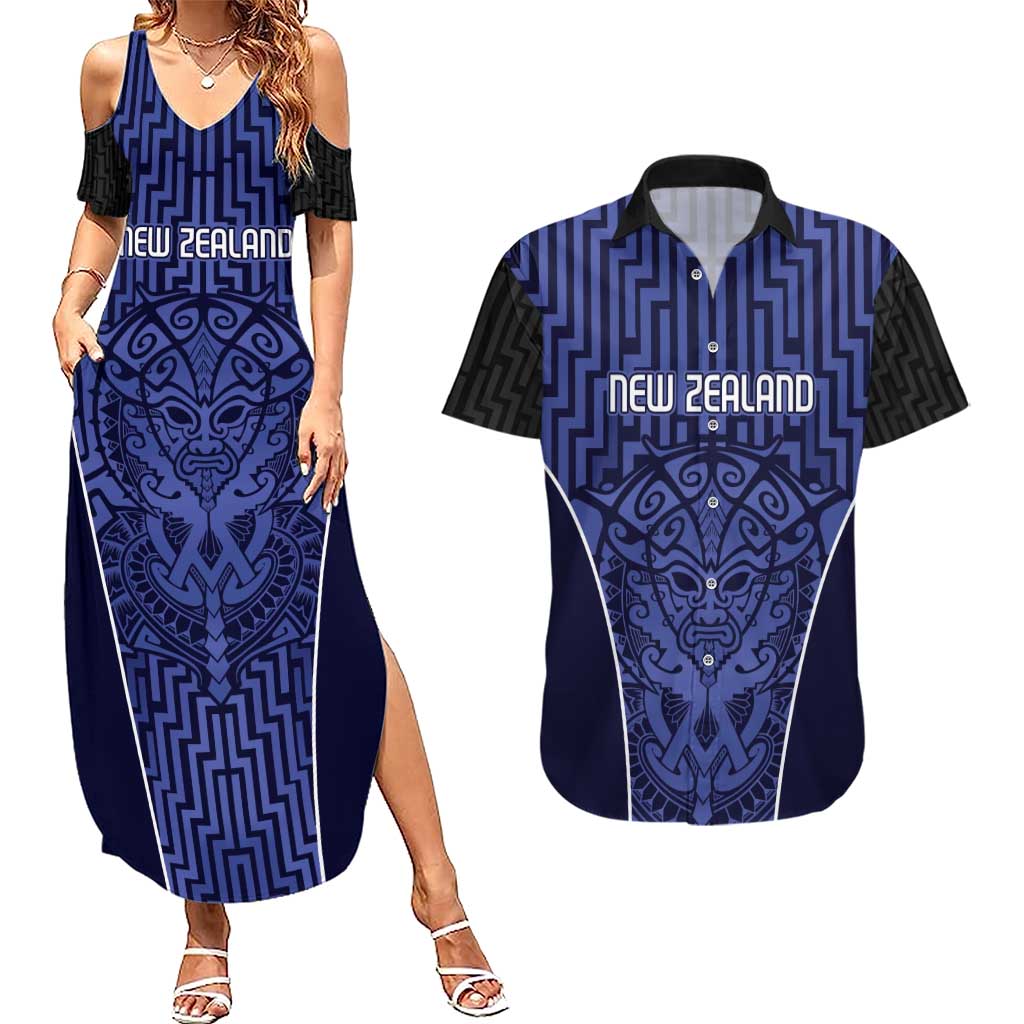 Custom Basketball New Zealand Couples Matching Summer Maxi Dress and Hawaiian Shirt Blue Maori Ta Moko Indigenous - Polynesian Pride