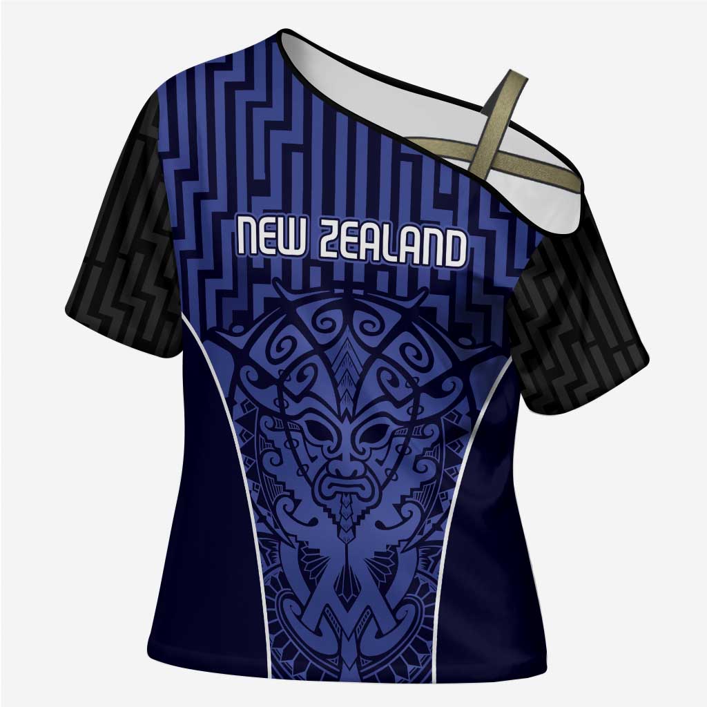 Custom Basketball New Zealand Cross Shoulder Shirt Blue Maori Ta Moko Indigenous - Polynesian Pride