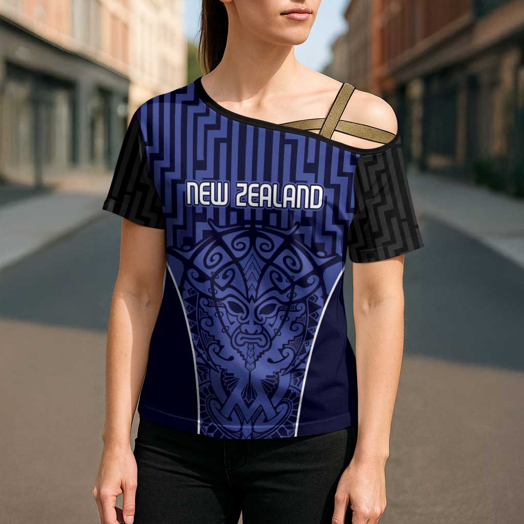 Custom Basketball New Zealand Cross Shoulder Shirt Blue Maori Ta Moko Indigenous LT9 - Polynesian Pride