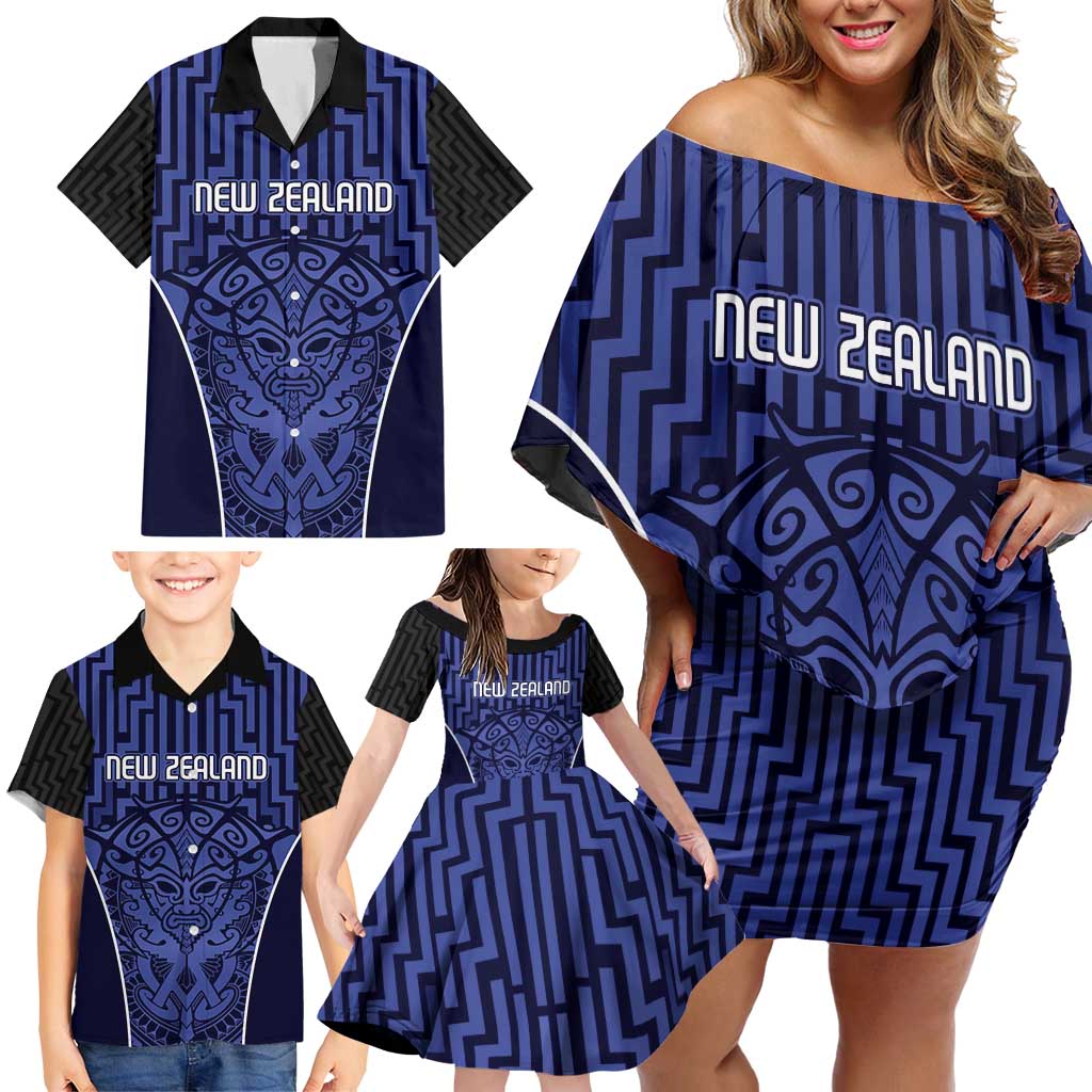 Custom Basketball New Zealand Family Matching Off Shoulder Short Dress and Hawaiian Shirt Blue Maori Ta Moko Indigenous - Polynesian Pride