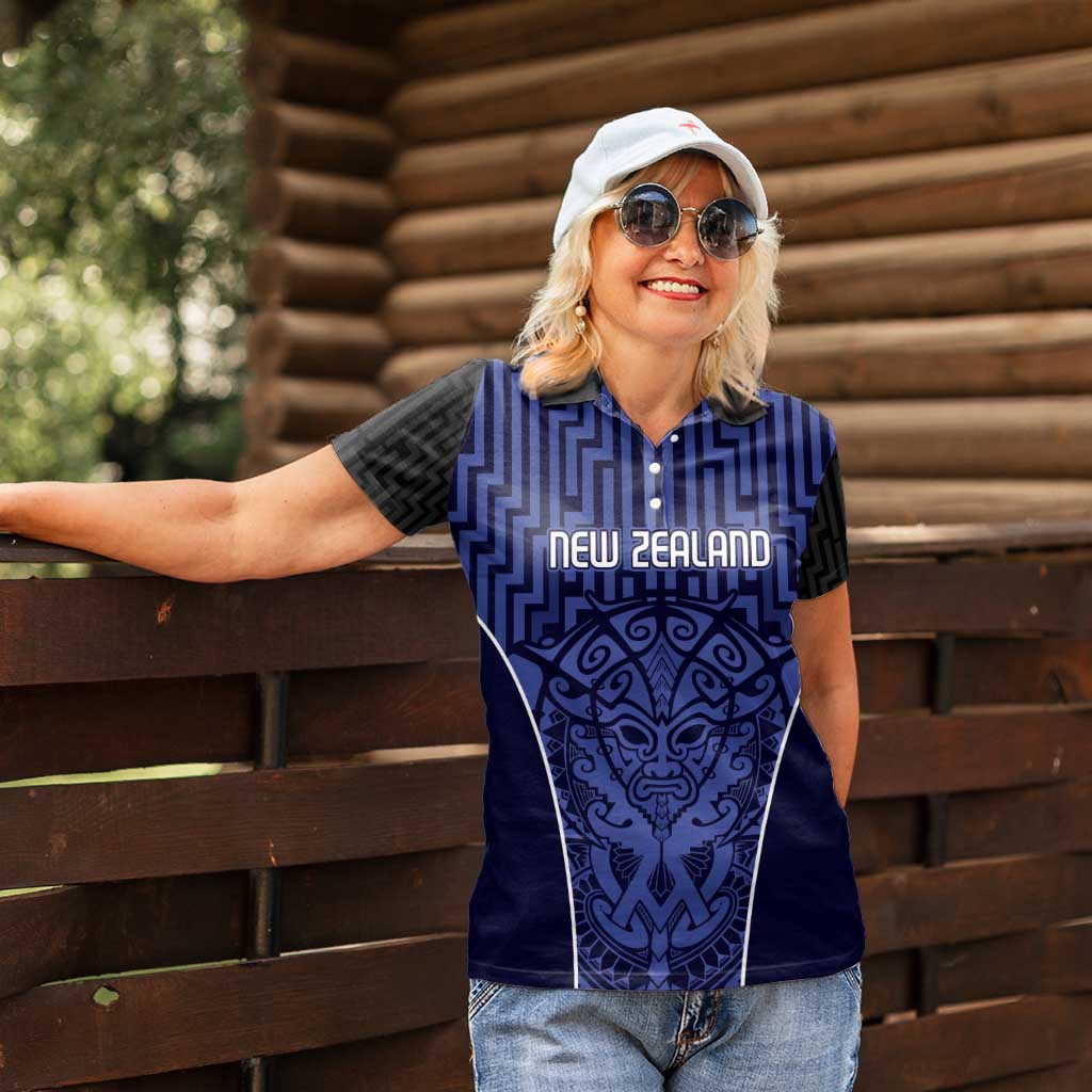 Custom Basketball New Zealand Women Polo Shirt Blue Maori Ta Moko Indigenous - Polynesian Pride
