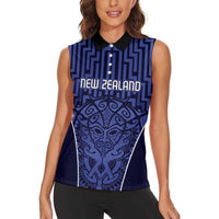 Custom Basketball New Zealand Women Sleeveless Polo Shirt Blue Maori Ta Moko Indigenous - Polynesian Pride