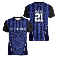 Custom Basketball New Zealand Women V-Neck T-Shirt Blue Maori Ta Moko Indigenous - Polynesian Pride