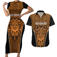 Custom Basketball New Zealand Couples Matching Short Sleeve Bodycon Dress and Hawaiian Shirt Gold Maori Ta Moko Indigenous - Polynesian Pride