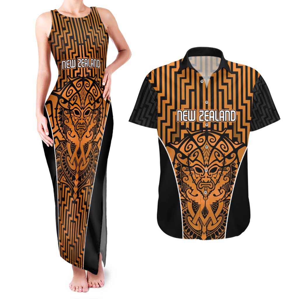 Custom Basketball New Zealand Couples Matching Tank Maxi Dress and Hawaiian Shirt Gold Maori Ta Moko Indigenous - Polynesian Pride