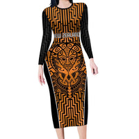 Custom Basketball New Zealand Family Matching Long Sleeve Bodycon Dress and Hawaiian Shirt Gold Maori Ta Moko Indigenous - Polynesian Pride