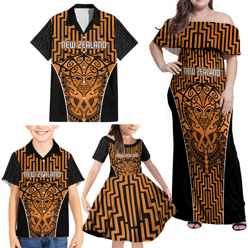 Custom Basketball New Zealand Family Matching Off Shoulder Maxi Dress and Hawaiian Shirt Gold Maori Ta Moko Indigenous - Polynesian Pride