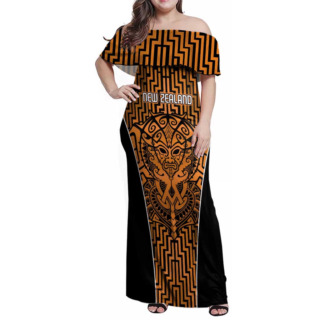 Custom Basketball New Zealand Family Matching Off Shoulder Maxi Dress and Hawaiian Shirt Gold Maori Ta Moko Indigenous - Polynesian Pride