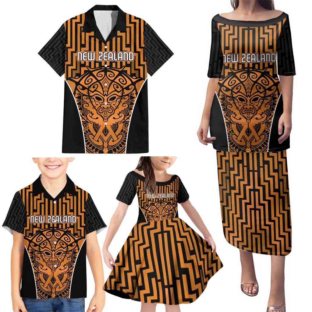 Custom Basketball New Zealand Family Matching Puletasi and Hawaiian Shirt Gold Maori Ta Moko Indigenous - Polynesian Pride