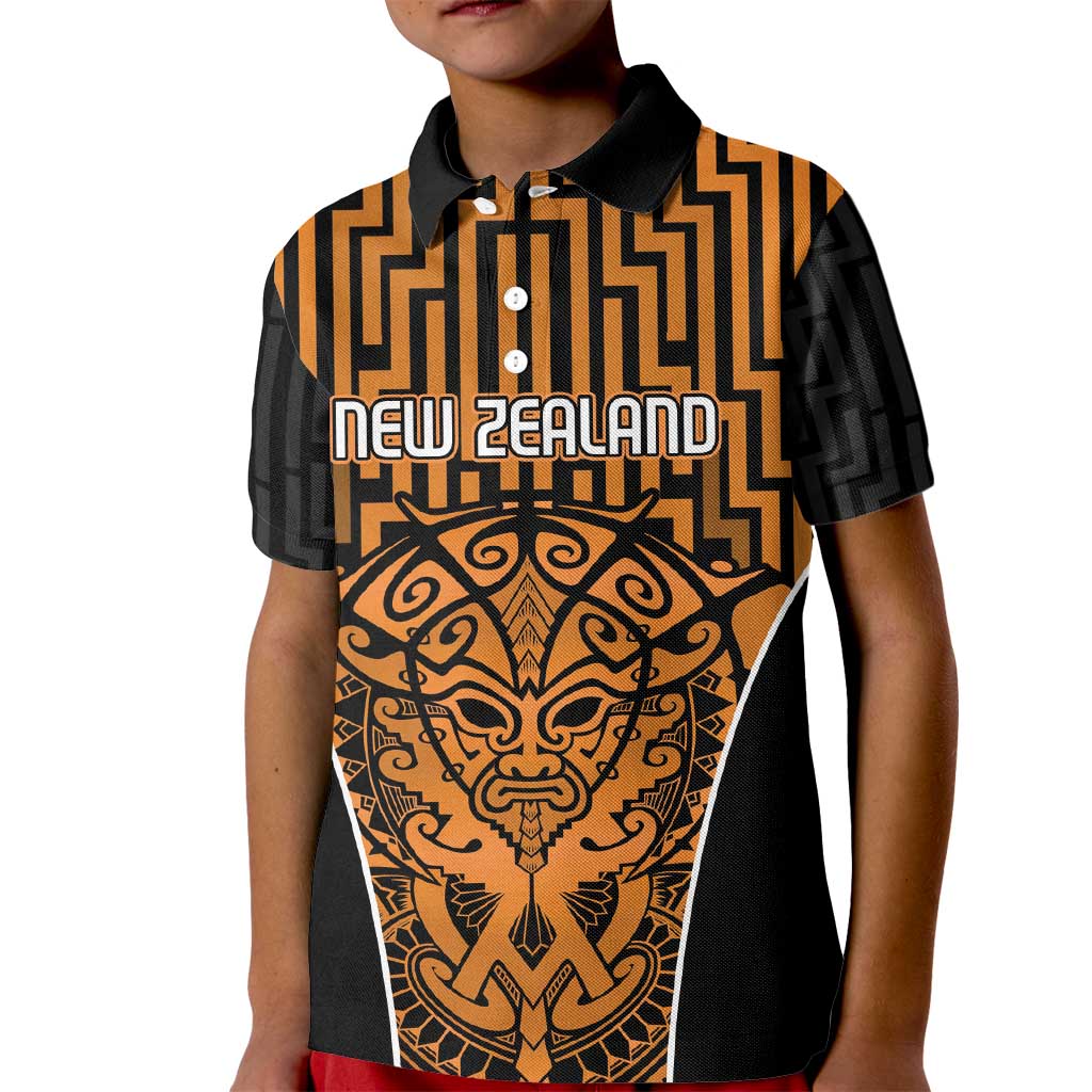 Custom Basketball New Zealand Kid Polo Shirt Gold Maori Ta Moko Indigenous - Polynesian Pride