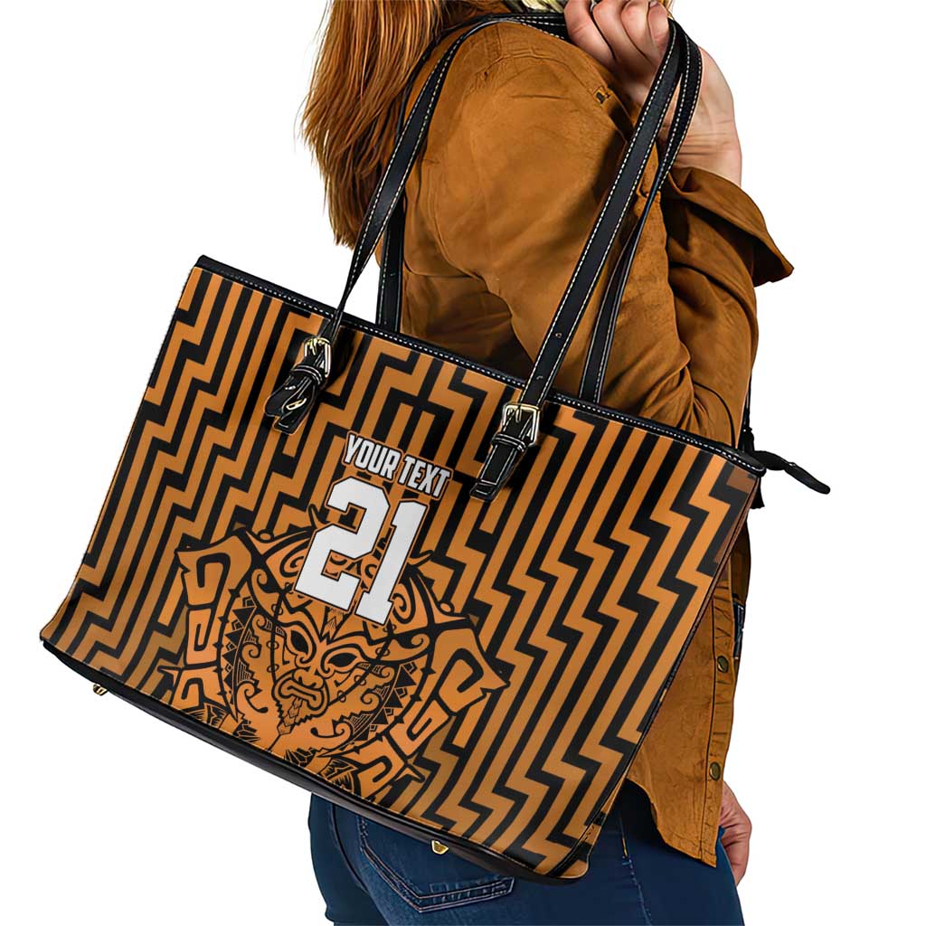 Custom Basketball New Zealand Leather Tote Bag Gold Maori Ta Moko Indigenous - Polynesian Pride