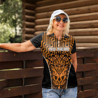 Custom Basketball New Zealand Women Polo Shirt Gold Maori Ta Moko Indigenous - Polynesian Pride