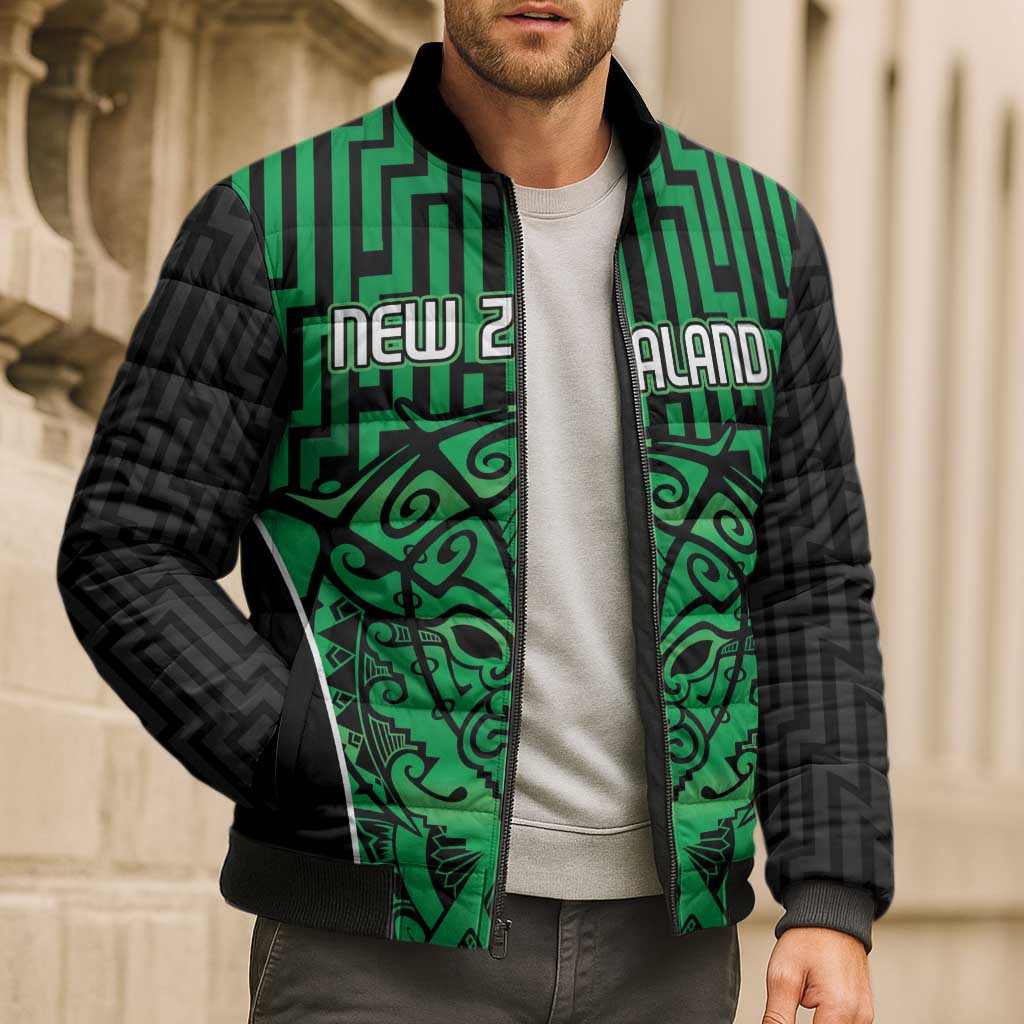 Custom Basketball New Zealand Bomber Puffer Jacket Green Maori Ta Moko Indigenous - Polynesian Pride